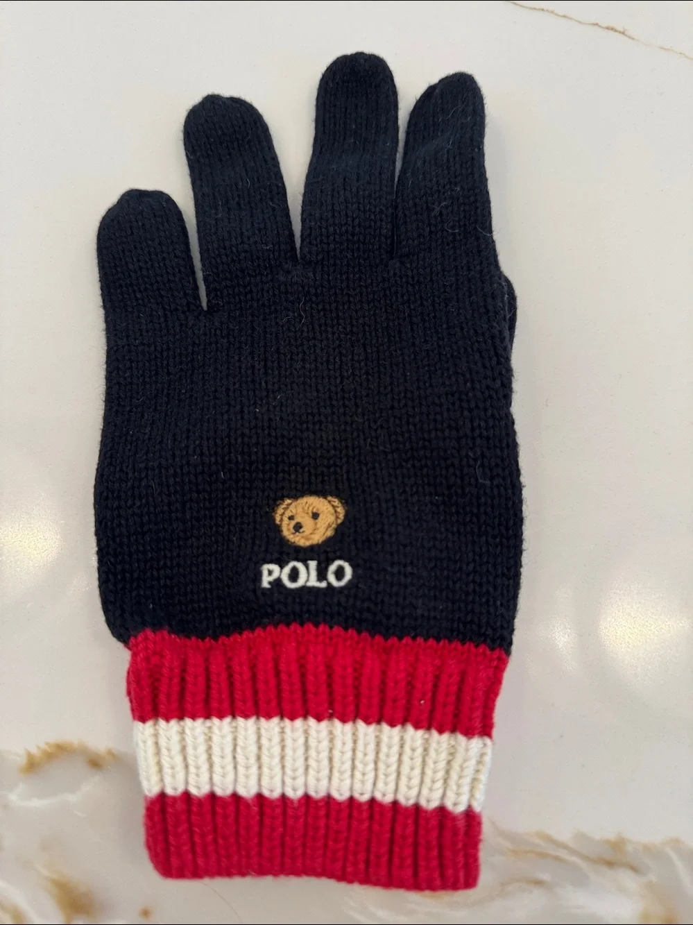 Polo by Ralph Lauren Black Knit Kids Gloves with Polo Bear and Stripe Cuff